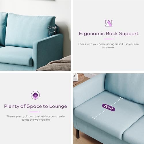 TYBOATLE 51" W Linen Fabric Upholstered Modern Loveseat Sofa Couch for Living Room, Love Seats 2-Seater Furniture w/Iron Legs for Compact Space, Apartment, Bedroom, Dorm, Office, Aqua Blue - Thumbnail 4