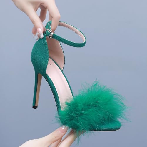 4.15 Inches Women's Ankle Strap Fluffy Feather Ankle Strap Stiletto Heels Sandals Open Toe Party Evening High Heel Pump Shoes4