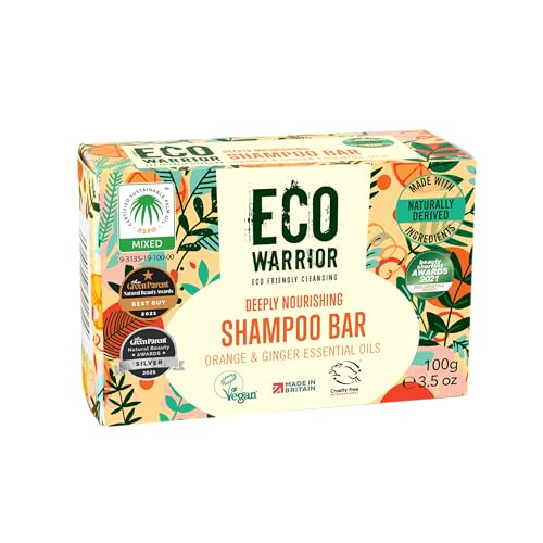 Eco Warrior Deeply Nourishing Shampoo Bar | Vegan, Cruelty Free, Natural, No SLS or Parabens | Eco Friendly Cleansing | Hydrating Pink Clay, Pure Orange & Ginger Essential Oil for Healthy Hair | 100g