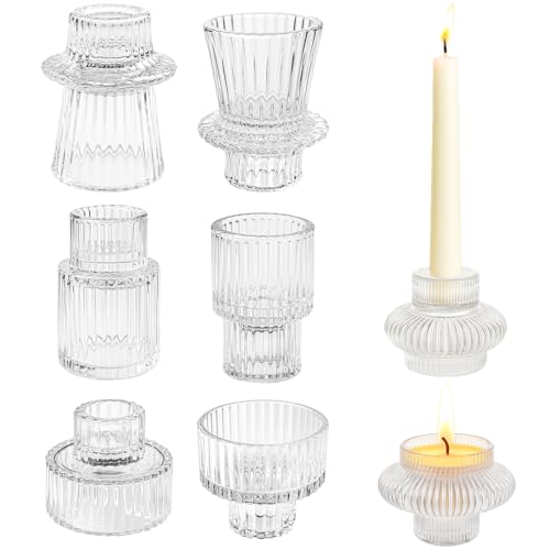 Ferenando 8 Pcs Glass Candle Holders, Reversible Candle Holder Ribbed, Glass Candlestick Holders Set, Small Candlestick Reversible for Christmas, Weddings, Party and Home Decoration