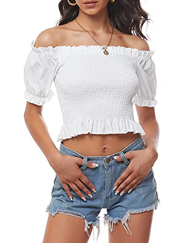 Lyaner Women's Off Shoulder Shirred Short Sleeve Crop Blouse Tee Top White Medium #TOP2