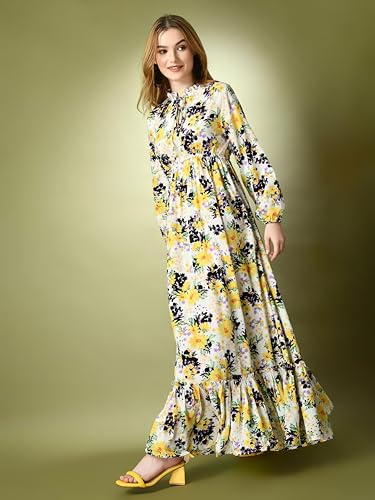 Image of KZULLY | Floral Printed Maxi Dresses for Women | Long Sleeve Beautiful Floral Patterns | Stylish and Elegant Dress | Tie Neck