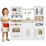 Maxmass Wooden Kids Toy Kitchen, Children Role Play Kitchen with Lights & Sounds, Stoves, Sink, Ice Machine, Microwave, Coffee Maker, Toddler Pretend Kitchens for 3+ Years Old Boys Girls (White)
