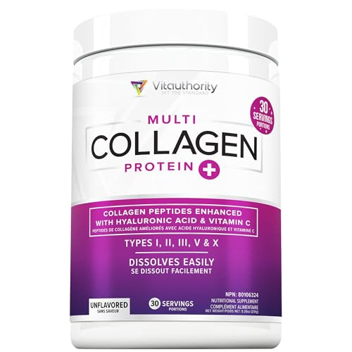 Multi Collagen Peptides Plus Hyaluronic Acid and Vitamin C, Hydrolyzed Collagen Protein, Types I, II, III, V and X Collagen, Unflavored