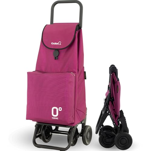 GARMOL Carro de la Compra Térmico Plegable 55 Litros |Bolsillo Térmico Interior de 11 Litros | Carro de la Compra 4 Ruedas Gran Capacidad Abatible| Carrito Compra Plegable Color Granate
