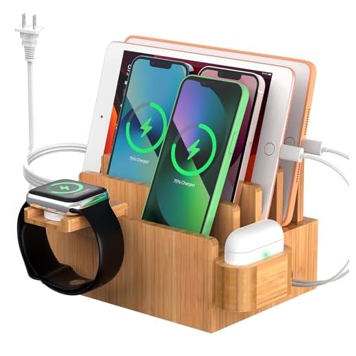 Bamboo Charging Station for Multiple Devices (Included 5 Port USB Charger, 6 Pack Charge & Sync Cable, Watch&Earbuds Stand), Electronic Device Desktop Organizer for Cellphone, Tablet, Watch, Earbuds