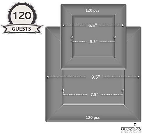" OCCASIONS " 240 Plates Pack,(120 Guests) Wedding Party Square Disposable Plastic Plates Set -120 x 9.5'' Dinner + 120 x 6.5'' Dessert (Square White)