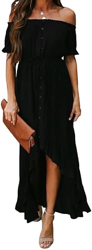 Dokotoo Womens Ladies Summer Sexy Off The Shoulder Casual Short Sleeve Button Down Maxi Midi Long Dress High Low Solid Ruffle Easter Party Dresses Black Medium