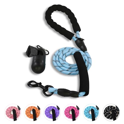 IVY&LANE Heavy Duty Dog Leash with Poop Bag Holder,Strong Rope Dog Leash with Padded Two Handle,5FT Reflective Threads Dogs Leash for Small Medium Large Dogs Walking,Blue