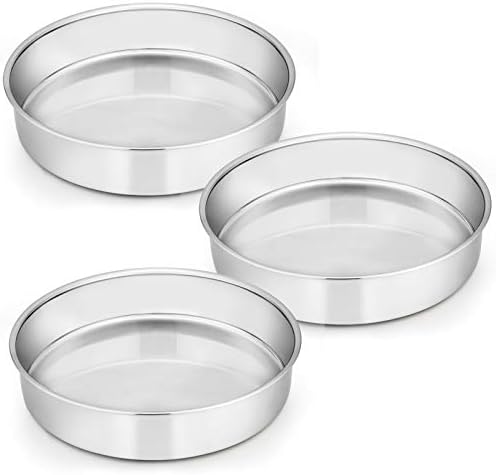 E-far 9½ Inch Cake Pan Set of 3, Stainless Steel Round Cake Baking Pans, Non-Toxic & Healthy, Mirror Finish & Dishwasher Safe
