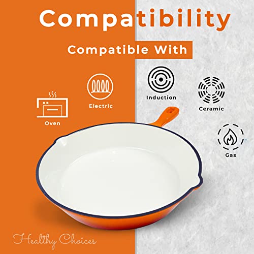 Healthy Choices 8" & 10" Enameled Cast Iron Skillet, Blue, Orange & White Cast Iron Enameled Skillets, Cast Iron Pan, Oven Safe Round Enamel Frying Pan, Bbq Safe Pans, Stovetop & Induction Cookware #TOP7