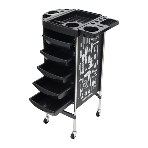 Carro de peluquería con ruedas, carrito de salón de belleza con 5 cajones y soporte para secador de pelo, carrito de salón con ruedas, con cajones para estilista, peluquería, peluquería, spa (negro)
