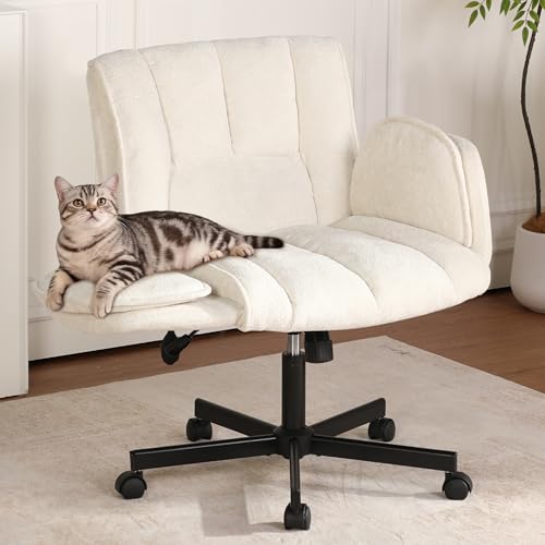 Image of Criss Cross Chair with Wheels & Outward-Folding Arms, Cross Legged Office Chair, Built-in Dynamic Airbag Lumbar Support, Wide Seat Desk Chairs for Home Office, Apartment, Vanity, Beige
