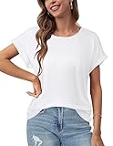 Bliwov Womens Tops Scoop Neck T Shirts Short Sleeve Rolled Cuff Batwing Sleeve Blouse Loose Fit Solid Summer Casual Tee,White,XL