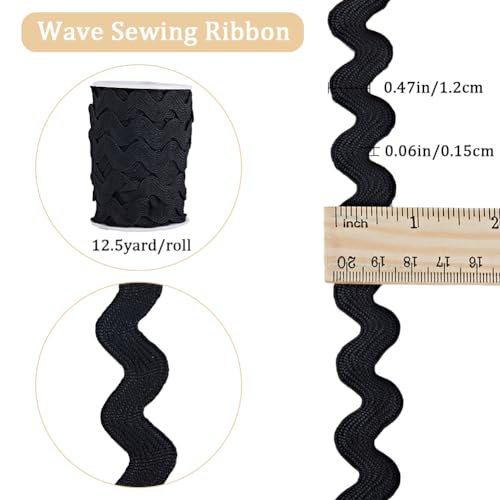 GORGECRAFT 1 Roll 12mm Ric Rac Trim Ribbon 12.5 Yards Black Rick Rack Wave Sewing Bending Fringe Trim Braided Woven Fabric for Sewing Flower Making Wedding Dress Party Lace Ribbon Craft - Image 2