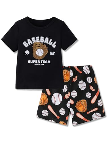 Mikrdoo Boys Summer Pajamas Size 6 Little Kids Short Sleeve Pj Set Black Baseball 6 Years