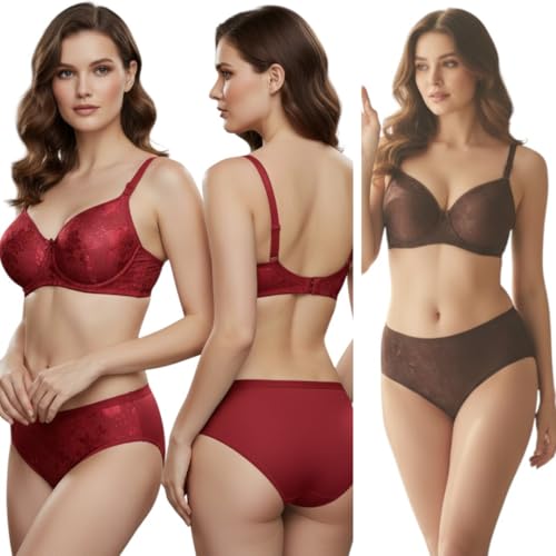 Image of Kinzie Elegant Floral Jacquard Lingerie Set, Grey Brown Maroon Bra and Brief, Comfortable Full Coverage Underwear Set, Padded Bra, Lingerie Set, Honeymoon Bikini Set,