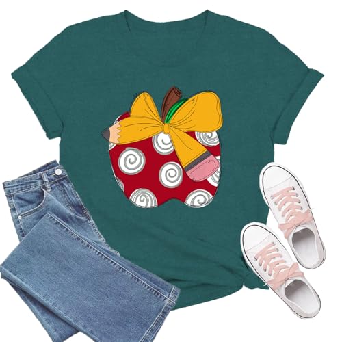 TIEEI Teacher Shirts for Women Bow Pencil Teacher T-Shirt Apple Teaching Tee Tops Green