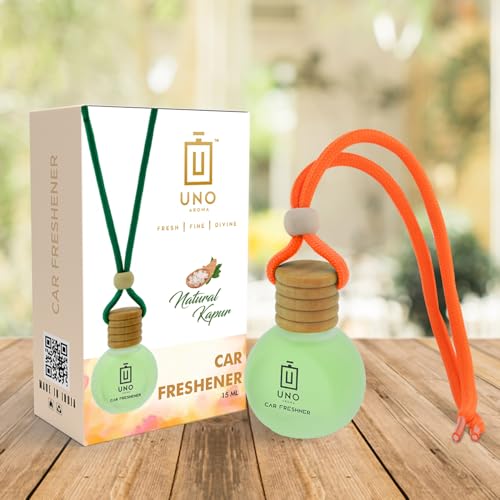 Image of UNO Aroma Car Air Freshener Scent, Long Lasting Car Perfume with Hanging Pod, Natural Essential Oil in Glass Bottle with Wooden Diffuser-15 Ml(Fragrance-Camphor,Last Upto-30 Days)