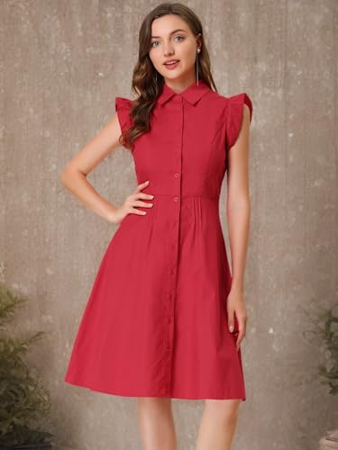 Image of Allegra K Women's Ruffled Sleeve Casual Office Dress Tie Waist Button Down Cotton Shirt Dresses