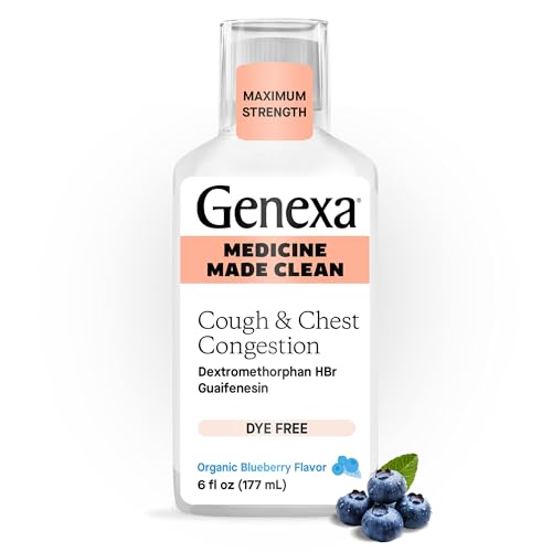 Genexa Clean Cough & Chest Congestion Relief Dye Free 0% Artificial Additives Multi-Symptom Maximum Strength Relief Cough Syrup Cough Suppressant & Expectorant Organic Blueberry Flavor 6 fl oz