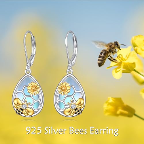 Image of LUHE Bee Earrings for Women 925 Sterling Silver Bumble Earrings with Honeycomb Honeybee Jewelry Dangle Gifts for Women
