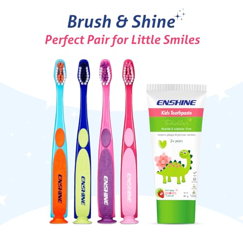 Image of Enshine Kids Toothbrush - Gentle Oral Care for Toddlers with Soft Bristles, Easy Grip, and Protective Cap (12+Months) (4 Toothbrushes)