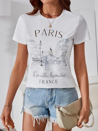 SweatyRocks Women's Paris Letter Graphic Tees Crew Neck Short Sleeve Casual T Shirt Tops3
