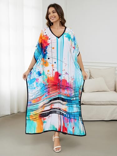 Image of IMAGEKOPE Women's Plus Size Loose Fit Moroccan Print V-Neck Batwing Kaftan Beach Dress Bathing Suit Cover Up