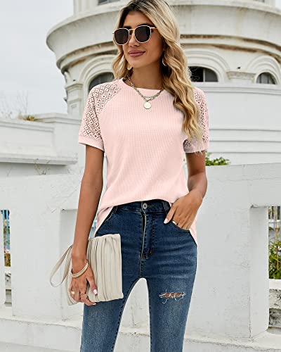 Womens Summer Lace Short Sleeve Tshirts Crew Neck Casual Loose Tops Shirt Blouse Pink #TOP4