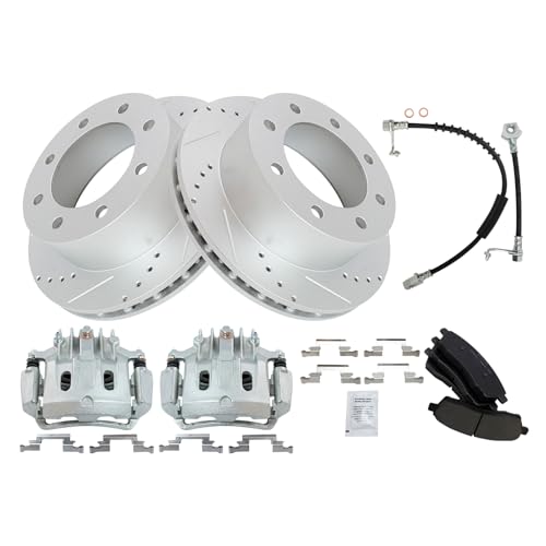 Image of TRQ Brake Pad & Rotor Kit Slotted X Drilled Performance Ceramic Compatible with 2000 Ford Excursion F-350 Super Duty
