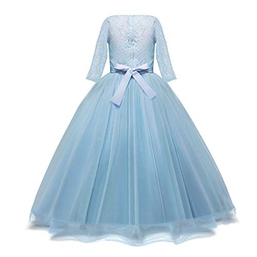 NNJXD Girl's Embroidery Tulle Lace Flower Girl Wedding Dress 3/4 Sleeve Long A Line Pageant Party Formal Dance Evening Gown 7-8 Years Size (140) Blue 3