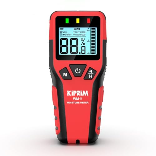 Kiprim Pinless Damp Meter Moisture Meter for Wood Walls Masonry Accurate Non-Destructive Testing with Audible and Visual Alarm Data Hold and Mute Function WM11