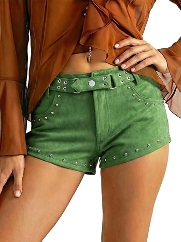 PEIHOT Womens Mid Rise Mini Shorts with Belt Fuzzy Suede Micro Shorts Y2K Country Concert Oufits 2026 Trendy Summer Green
