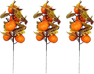 3PCS Artificial Pumpkin Branches,Artficial Maple Leaf Pumpkin Fall Stems Picks Fake Pumpkin Twig Stem Flower Bouquet for DIY Garland Home Autumn Fall Harvest Ornaments Thanksgiving Halloween Decor (A)