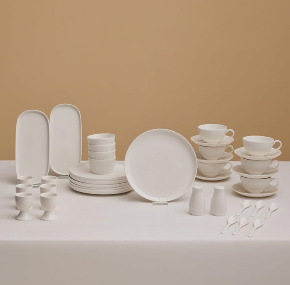Karaca Weiß Favaro Breakfast And Serving Set For 6 People, 38-Piece Crockery Set, Modern Tableware Set, Ceramic Plate Set, White