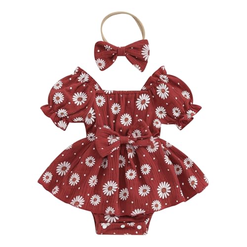 Image of MA&BABY Baby Girls Daisy Romper Bowknot+Headband Short Sleeve Playsuits Floral Jumpsuit Infant Summer Clothes (Red, 6-12 Months)