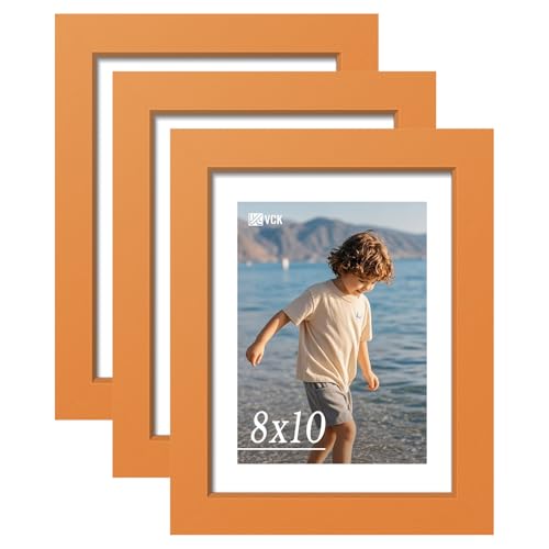 Image of VCK 8x10 Picture Frame Set of 3 - Orange, Wide Border Solid Wood Frame, Display Pictures in Horizontal and Vertical, for Home, Office, Gallery, Woodgrain Series, Wall Hanging