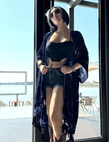 MJ SERECA Women's Burnout Velvet Kimono Long Cardigan Cover Up with Tassel (Navy)