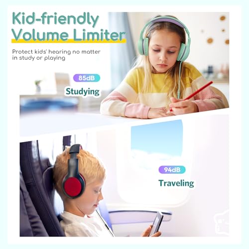 Image of EarFun Kids Headphones with Mic for Boys /Girls, Over Ear HD Wired Headphones for Children, 85 /94dB Volume Limiter, Sharing Port, Foldable On Ear Headsets for School /Pad /PC /Travel (Green&Violet)