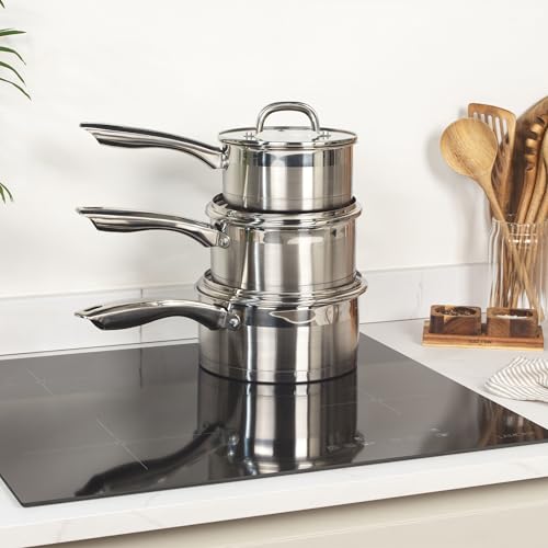 Salter Timeless 3 Piece Saucepan Set - 16cm, 18cm, 20cm Stainless Steel Pans, Includes Tempered Glass Lids With Steam Vents, Induction Hob Cooking Pans, Dishwasher Safe, Scratch Resistant Finish - 4