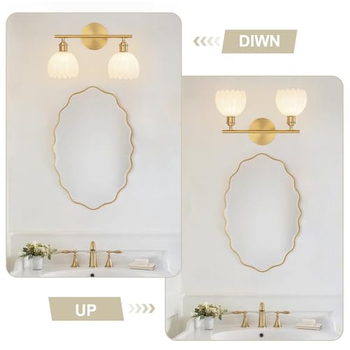 Image of Gold Bathroom Light Fixtures Over Mirror, 2 Light Bathroom Vanity Light with Tulip Milk White Glass Lampshade, Vintage Vanity Lights for Bathroom, Bathroom Vanity Lights Over Mirror