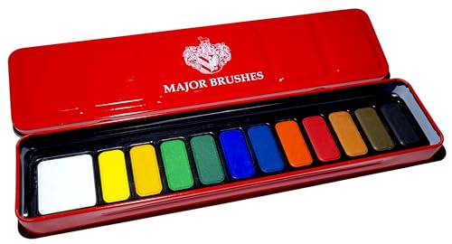 Major Brushes Watercolour Paint Tin, 12 Blocks