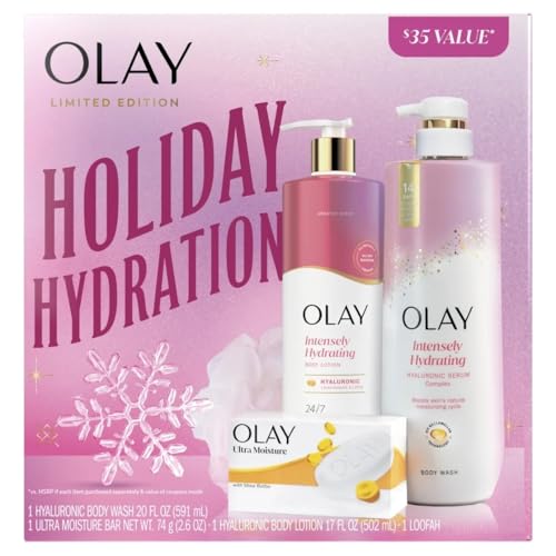 Olay Holiday Hydration Gift Pack with Hyaluronic Body Wash, Lotion, and Beauty Bar