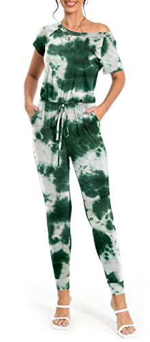 Yundai Women's Loose Solid Off Shoulder Elastic Waist Stretchy Long Romper Jumpsuit, L Tie Dye Dark Green #TOP1