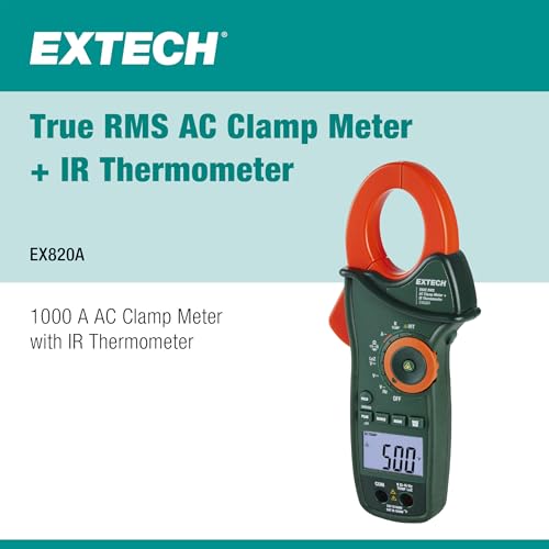 Image of Extech EX820A 1000A True RMS AC Clamp Meter with IR Thermometer | AC to 1000A, IR thermometer with laser, LoZ, low pass filter, inrush, CAT IV 600V, 6000-count backlit