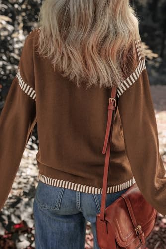 Image of Dokotoo Sweaters for Women Crewneck Long Sleeve Contrast Cable Knit Tops | Early Fall Fashion, Solid Loose Fit Pullover Sweaters, Oversized Stitching Fall Clothes Outfits, Winter Clothing for Women