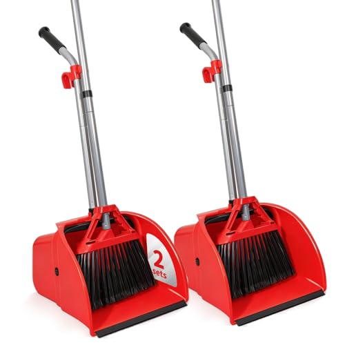 Commercial Broom and Dustpan Set Heavy Duty Broom Set Jumbo Debris Dustpan Trash Collection for Commercial/Industrial Cleaning 2Sets Red Extra-Large Size
