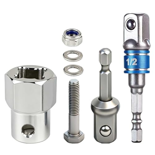 Image of Top Wind Trailer Jack Drill Adapter for 1 /2 Inch Jack Drive Shafts, Stainless Steel Trailer Jack Adapter with 2 Pcs 1 /2 Inch Socket Adapter Bit, for RV Camper Travel Trailer (Silver)