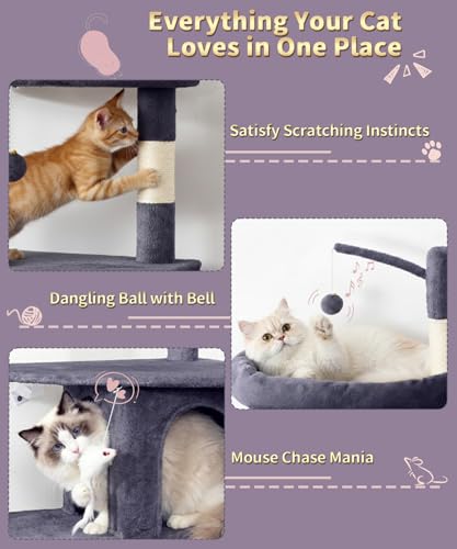 Image of 74 Inch Heavy Duty Cat Tree for Large Cats, Multi-Cat Tower with 3 Condos, Tall Cat Condo with XL Platform, Hanging Basket & Sisal Scratching Posts, PMT04DG, Dark Grey